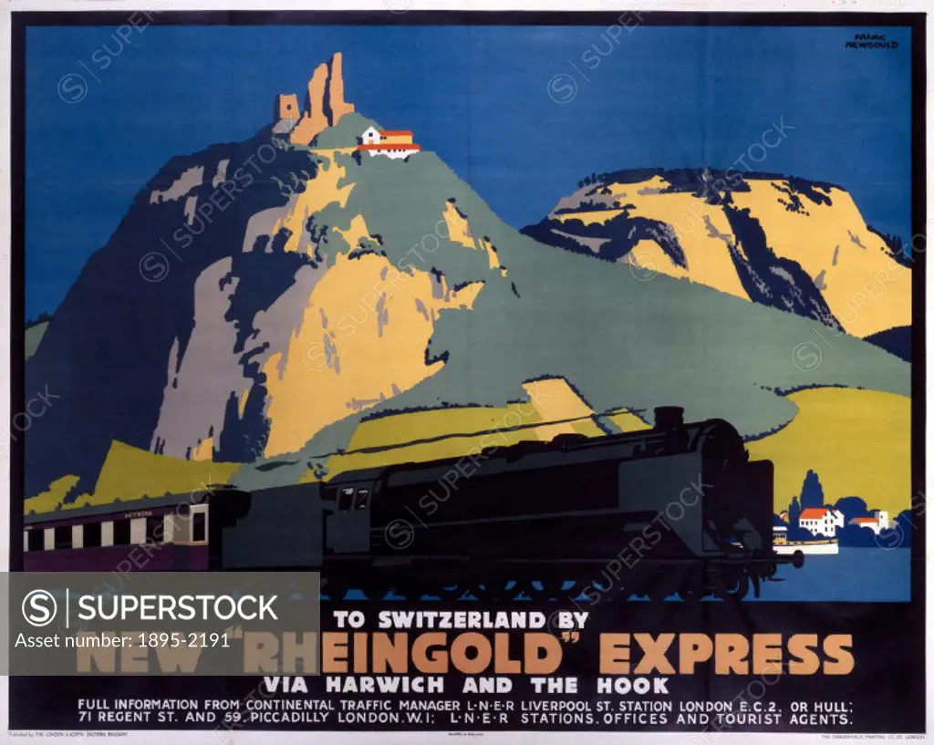 Poster produced for London & North Eastern Railway (LNER) to promote services to Switzerland on the new Rheingold’ express via Harwich and the Hook o...