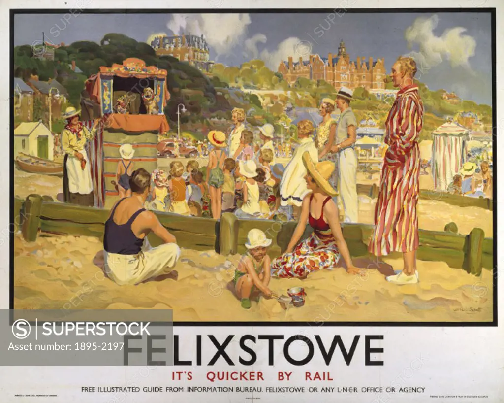 Poster produced for the London & North Eastern Railway (LNER) to promote the popular seaside resort of Felixstowe in Suffolk. The poster shows a crowd...