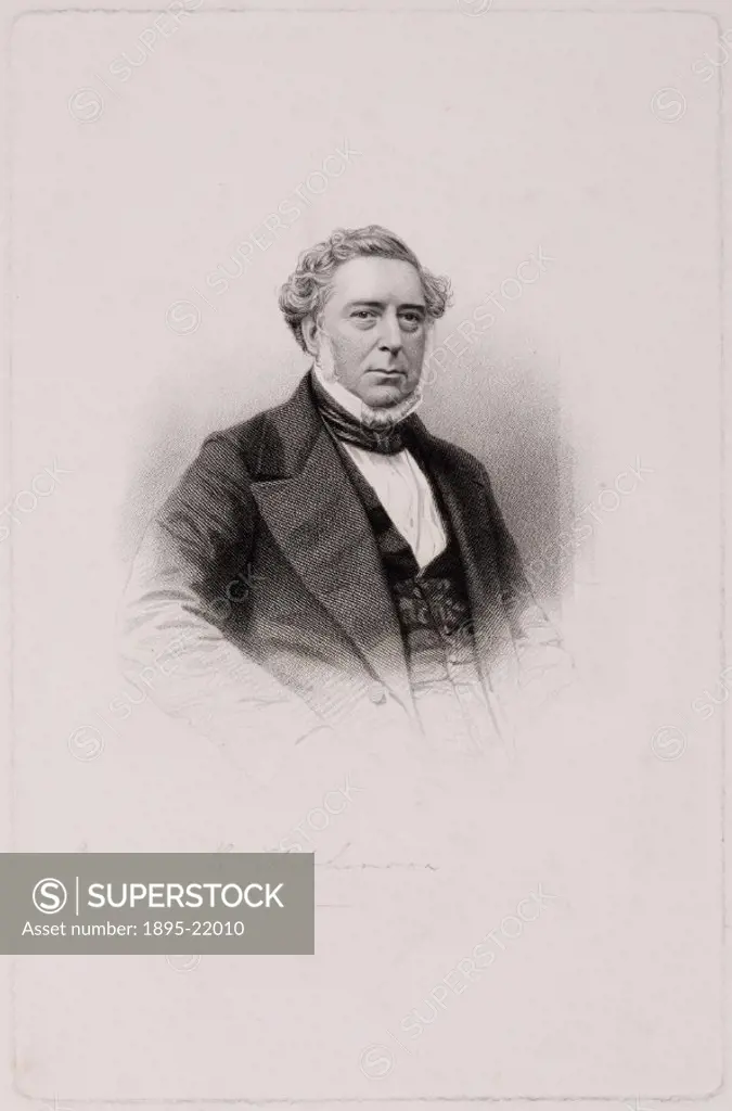 Engraving, with signature, of Robert Stephenson (1803-1859), English engineer and the son of George Stephenson (1781-1848), whom he assisted with the ...