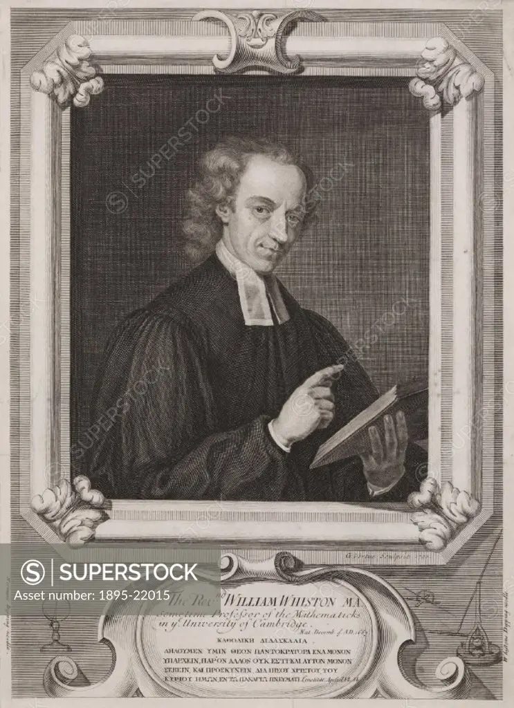 Engraving by George Vertue of the Reverend William Whiston (1667-1752). Also illustrated are Normans dipping needle and Whistons version. The dippin...