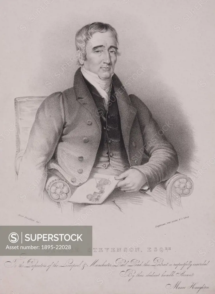 Lithograph by Engelmann, Graf, Coindet & Co after an original drawing by Moses Haughton. A largely self-educated man, George Stephensons (1781-1848) ...