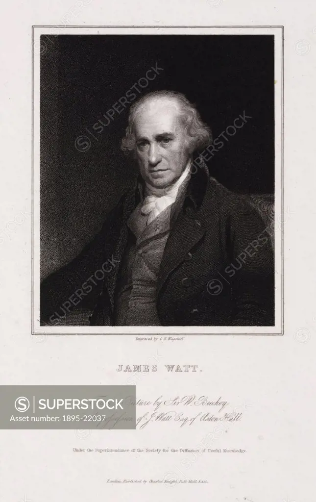 Engraving by C E Wagstaff, 1845, of the Scottish engineer James Watt (1736-1819), after an original oil painting by Sir William Beechey in 1801. Watt ...
