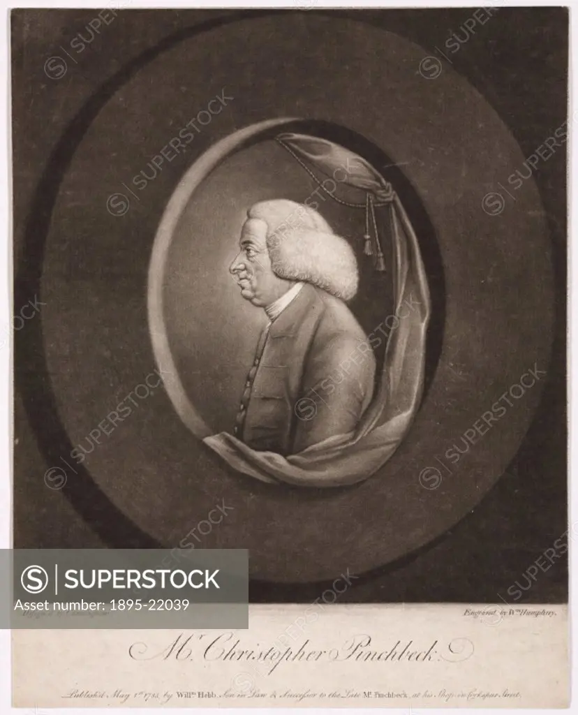 Engraving by William Humphrey after a composition by Cunningham. Christopher Pinchbeck (c 1670-1732) invented the copper and zinc alloy for making imi...