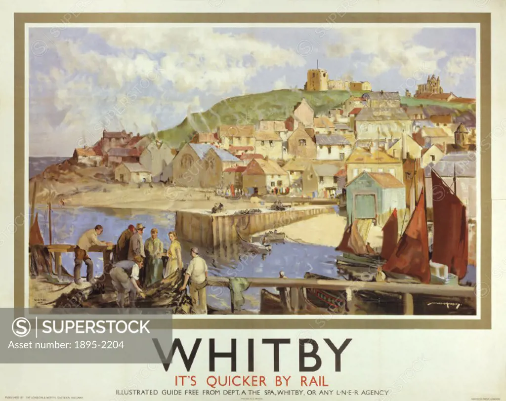 Poster produced for London & North Eastern Railway (LNER) to promote rail travel to Whitby, North Yorkshire. The poster shows a view across to the Abb...