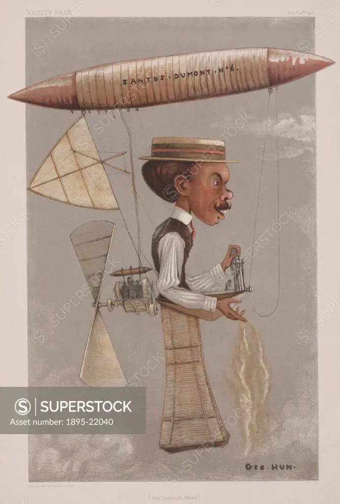 Chromolithograph by Vincent Brooks Day & Son Ltd of a caricature by George Hum, from Vanity Fair’ magazine. Santos-Dumont (1873-1932) was a pioneer a...