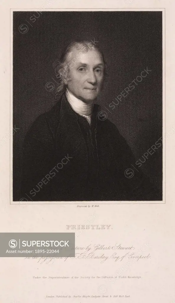 Engraving by William Holl from a picture by Gilbert Stewart. Joseph Priestley (1733-1804) discovered various gaseous elements and compounds, and in an...