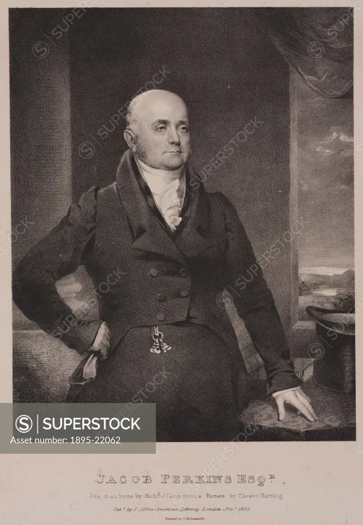 Lithograph of a drawing on stone by Richard J Lane, after an original picture by Chester Harding. Jacob Perkins (1766-1849) was born in Newburyport, M...