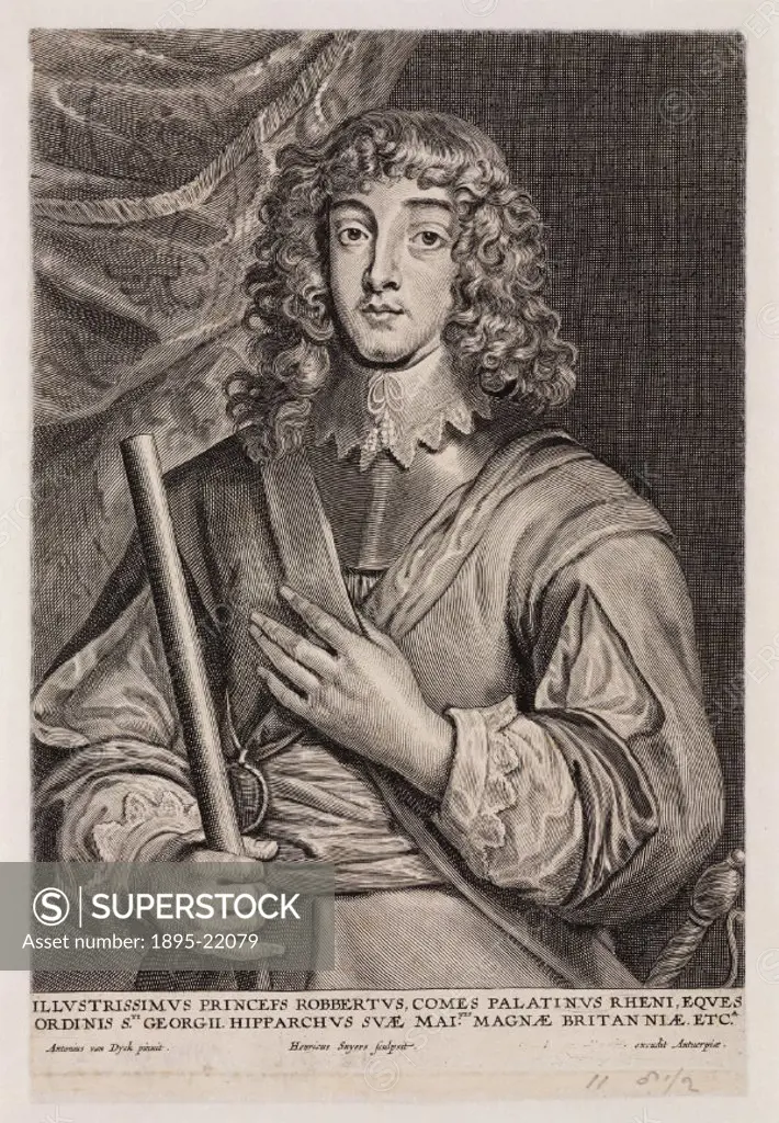 Engraving by Henry Snyers after an original oil portrait by Sir Anthony Van Dyck, c 1640. Born in Prague, Rupert Count Palatine (1619-1682) came to En...
