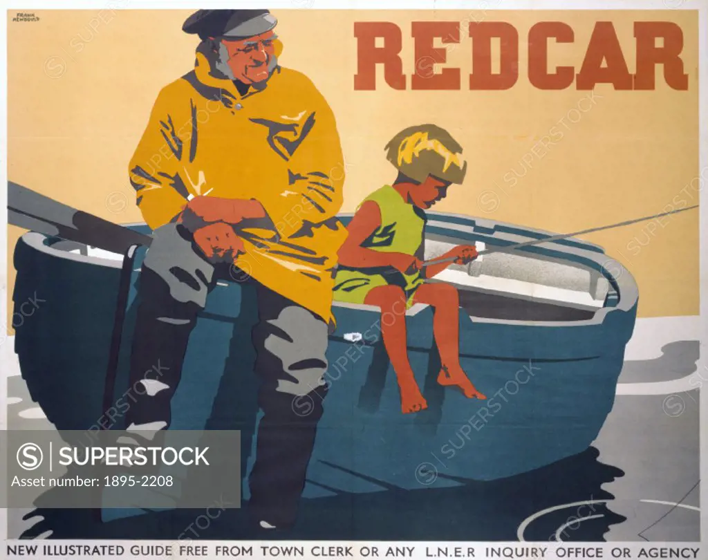 Poster produced by London & North Eastern Railway (LNER) to promote rail travel to Redcar, Yorkshire. Artwork by Frank Newbould (1887-1951), who studi...