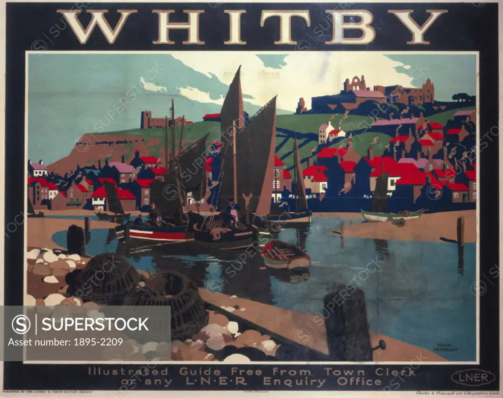Poster produced for the London & North Eastern Railway (LNER), promoting rail travel to the resort and small port on the coast of North Yorkshire, sho...