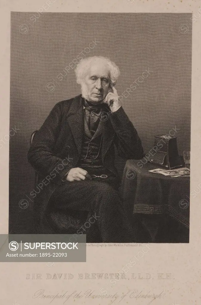Engraving by D J Pound from a photograph by John Watkins of Sir David Brewster (1781-1868). Brewster played a leading part in the popularisation of sc...