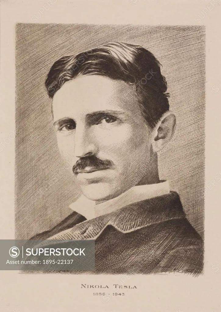 Etching of Nikola Tesla (1856-1943). Tesla was a Serbian (and later naturalised American) inventor, electrical engineer and scientist. His inventions ...