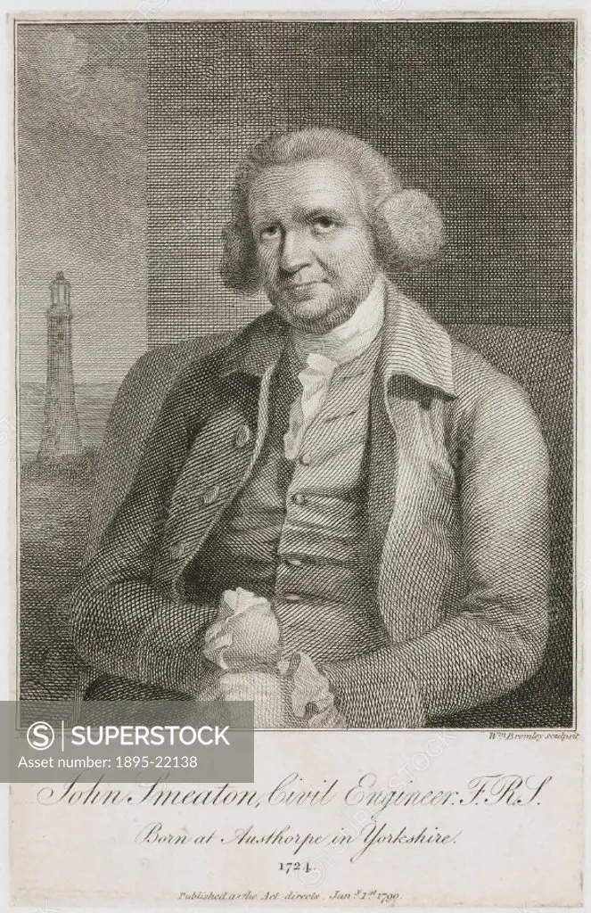 Engraving by William Bromley, 1790, after an original painting by Mather Brown, of John Smeaton (1724-1792) in front of a seascape showing the Eddysto...