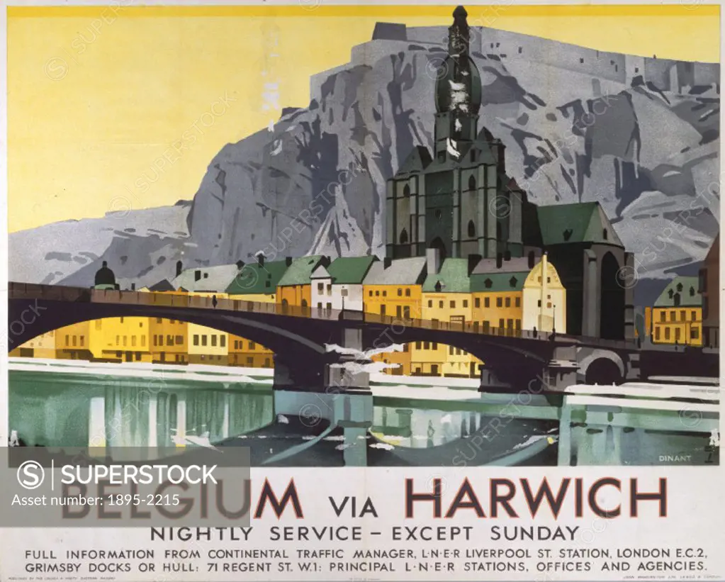 Poster produced for London & North Eastern Railway (LNER) to promote the nightly service from Harwich to Belgium. The poster shows a view of the town ...