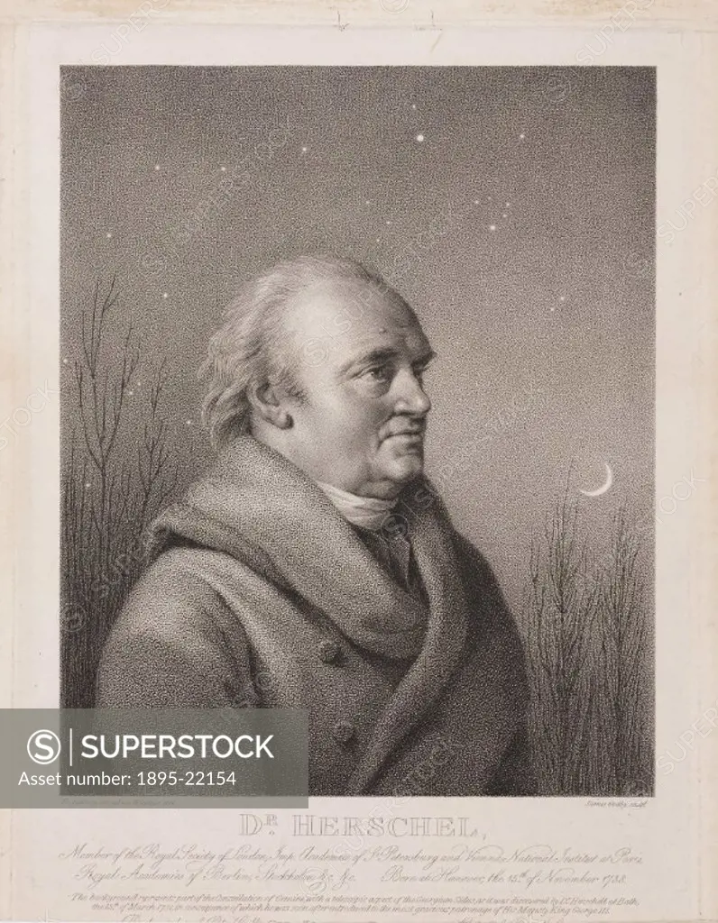 Engraving by James Godby from a drawing by Rehberg in 1814 showing William Herschel (1738-1822) in old age. This portrait depicts the atronomer agains...