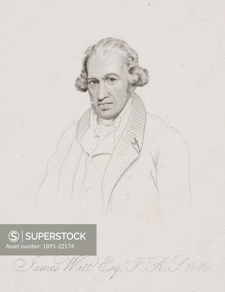 Engraving of the Scottish engineer James Watt (1736-1819). Watt invented the modern steam engine, which became the main source of power in textile mil...