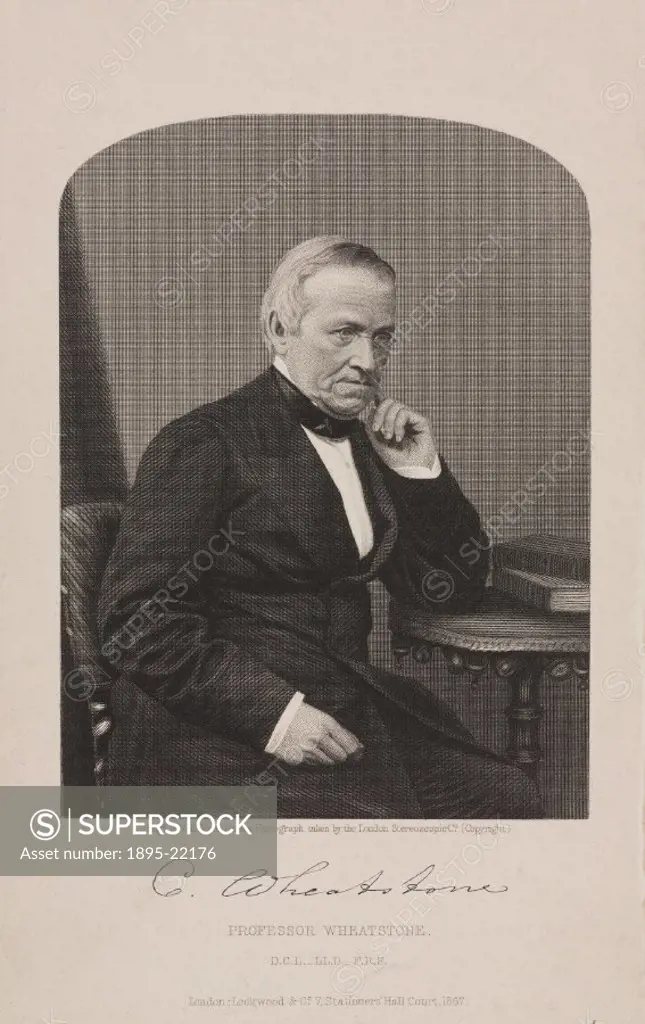 Engraving by W H Mote from a photograph taken by the London Steresoscopic Company. Sir Charles Wheatstone, FRS, LLD (1802-1875) was a pioneer of elect...