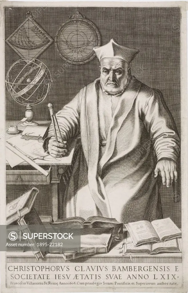 Engraving of Clavius (1538-1612) aged 69, who taught mathematics in Rome and reformed the calendar. The Julian leap-year rule made 3 extra leap years ...