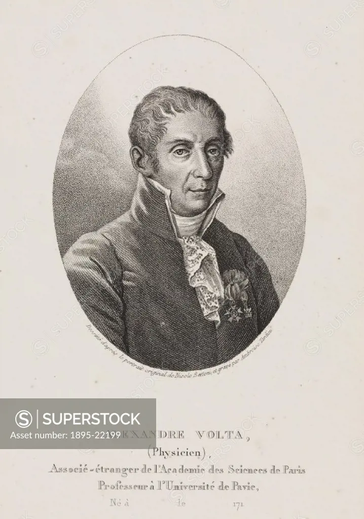 Engraving by Ambroise Tardieu, c 1820, after an original work by Nicolo Bettoni, c 1800. Count Alessandro Giuseppe Anastasio Volta (1745-1827) was the...