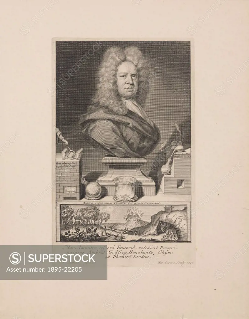 Engraving by George Vertue after a painting by R Shmutz, of Ambrose Godfrey, or Ambrose Godfrey-Hanckuvitz, the elder (d 1741). Godfrey was employed b...