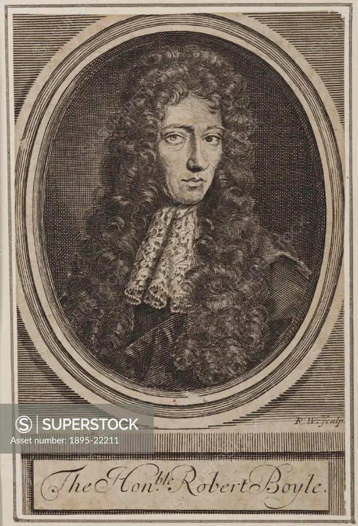Engraving by RW of Robert Boyle (1627-1691) who was the seventh son of the first Earl of Cork. He and his assistant Robert Hooke worked on improvement...