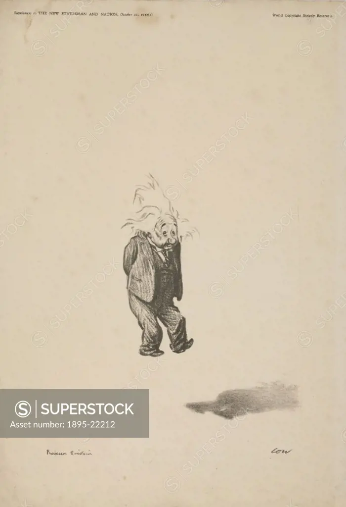Cartoon by Low of Albert Einstein (1879-1955), theoretical physicist whose major contribution was the theory of relativity. Einstein made fundamental ...