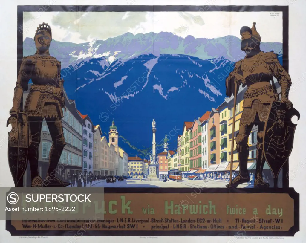 Poster produced by London & North Eastern Railway (LNER) to promote rail and sea services to Innsbruck, Austria via Harwich in Essex. Artwork by Austi...