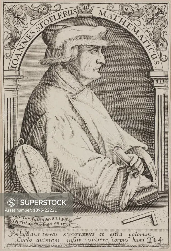 Engraving of Johannes Stoeffler, mathematician and astrologer, who predicted that there would be a second Biblical Flood on 20 February 1524. Astrolog...