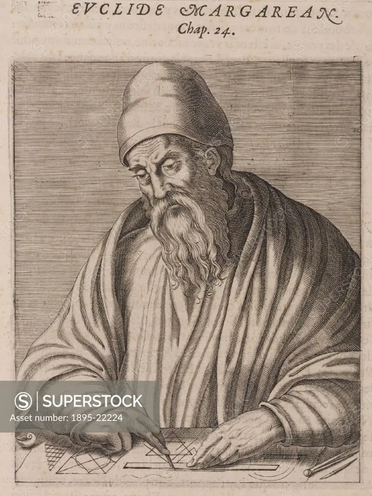 ´(Medieval) engraving of Euclid (330-275 BC) who lived in Alexandria, Egypt. Little is known about him, although his contribution to mathematics has ...