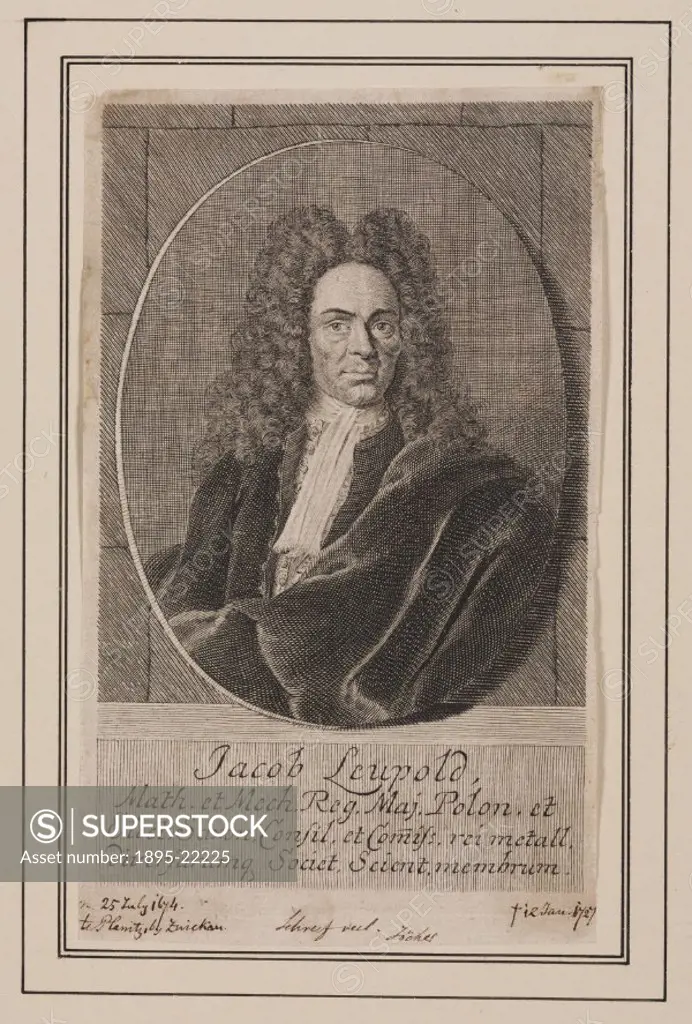 Engraving of Leupold (1674-1727) who produced designs for pumps, calculating machines, steam engines and hydraulic lifting gear. Leupold was a practic...