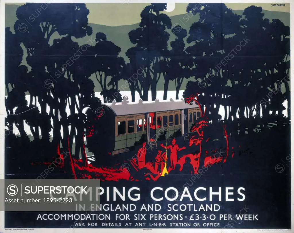 Poster produced for the London & North Eastern Railway (LNER) to promote parked railway carriages as affordable holiday camping accommodation for six ...