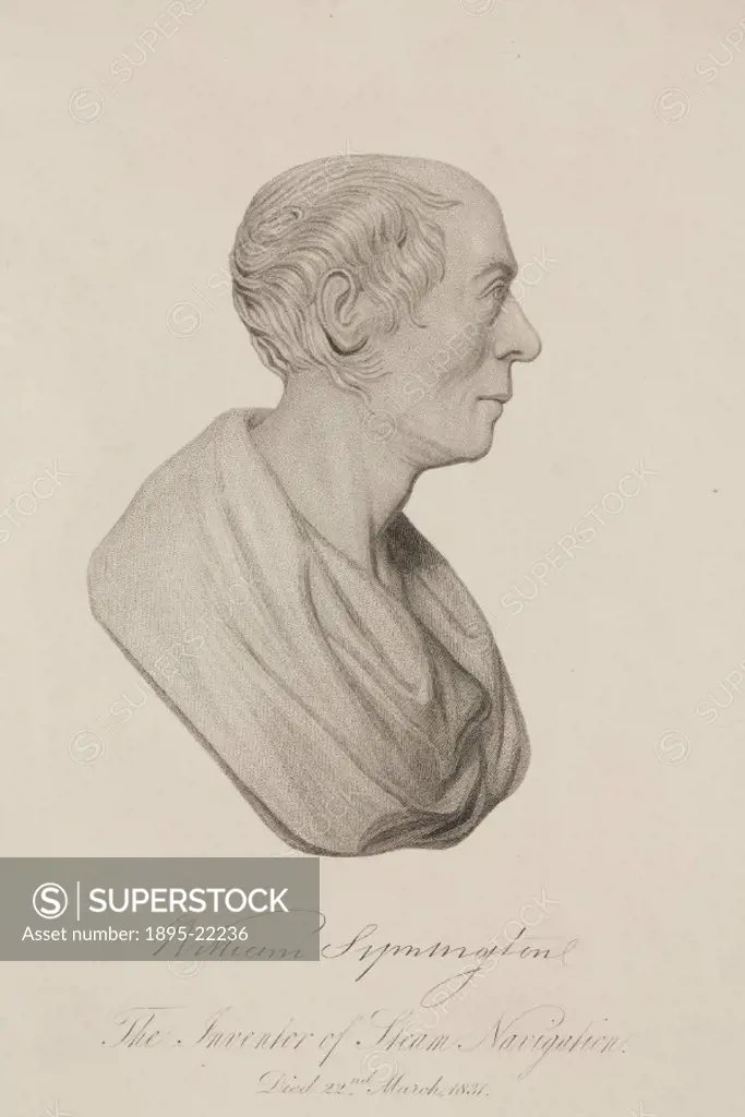 Engraving of William Symington (1764-1831), Scottish pioneer of steam navigation. In 1784, at the age of 20, Symington designed the first model steam ...