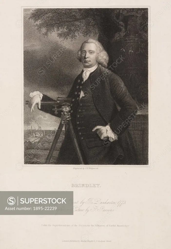 Engraving by J T Wedgwood after R Dunkarton after a painting by F Parsons. Brindley (1716-1772) invented a water engine for draining a coalmine in 175...
