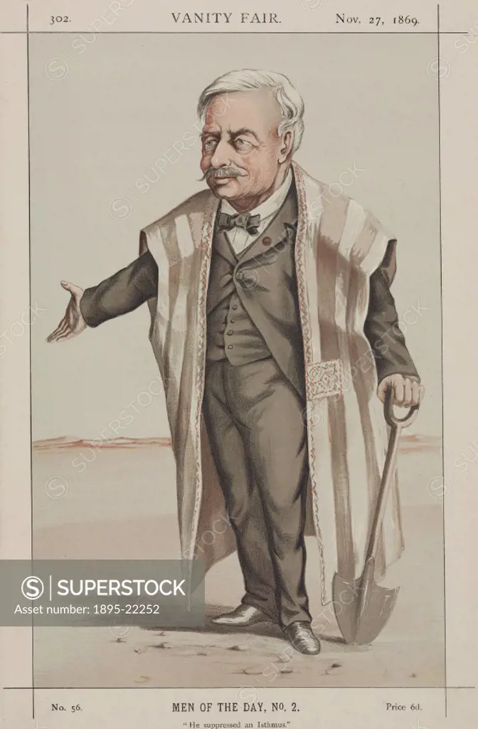 Caricature of Viscount Ferdinand de Lesseps (1805-1894). While in the consular service in Egypt, he conceived the idea of a canal through the Isthmus ...