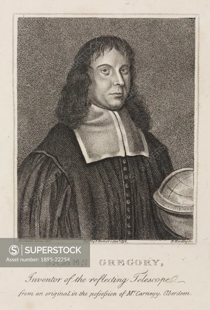 Engraving by Edward Harding after an earlier drawing by David Steuart Erskine. Gregory (1638-1675) invented the Gregorian reflecting telescope in 1661...
