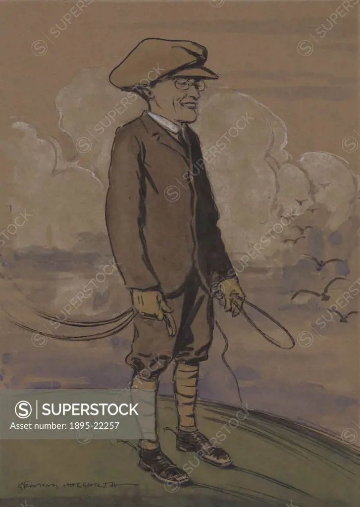 Ink and watercolour caricature by A H Graham Hoggarth of the writer Sidney John Duly (1891-1991), holding a riding crop and wearing spurs.