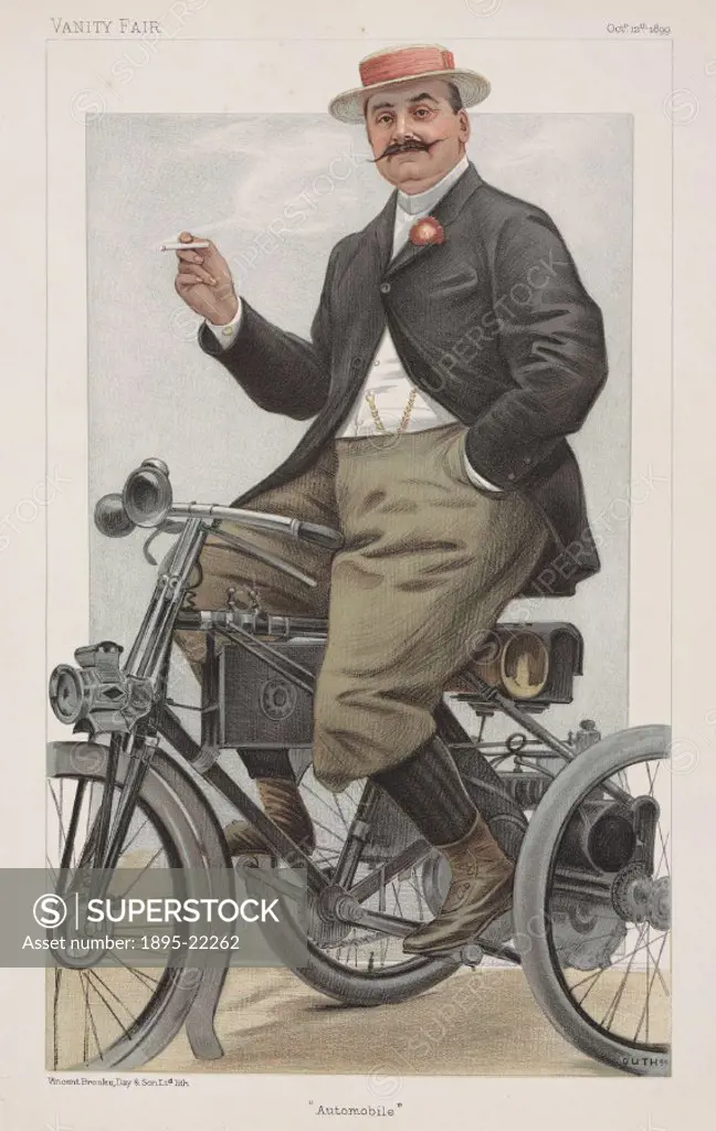 Chromolithograph by Jean Baptiste Guth of Albert de Dion (1856-1946). Albert , Marquis de Dion, together with the engineers Bouton and Trépardoux, was...