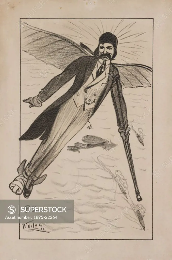 ´Cartoon by Weiluc depicting Bleriot with wings, a bandaged foot and a crutch; there also seems to be a halo round his head. Bleriot (1872-1936) made ...