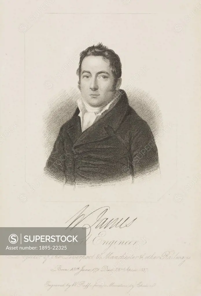 Engraved portrait by W Roffe after a miniature by Chalon. In 1821, James (1771-1837) met George Stephenson (1781-1848). The two men agreed to build a ...