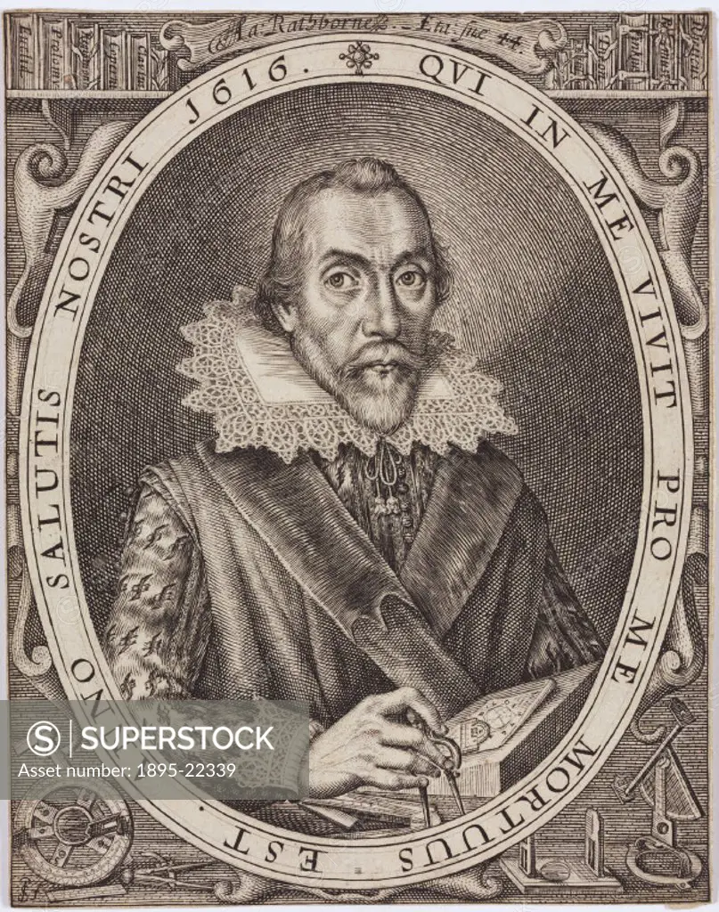 Engraved portrait from The Surveyor’ (1616) of the mathematician and map-maker Aaron Rathbone (1572-1618). Dimensions: 140mm x 110mm.