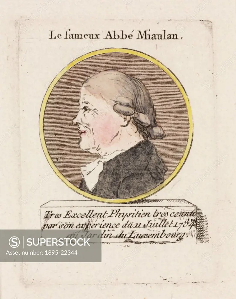 Hand coloured etching of Abbot Miaulan (or Miolan) who became famous as a subject of ridicule for his failed balloon ascent from the the Garden of Lux...