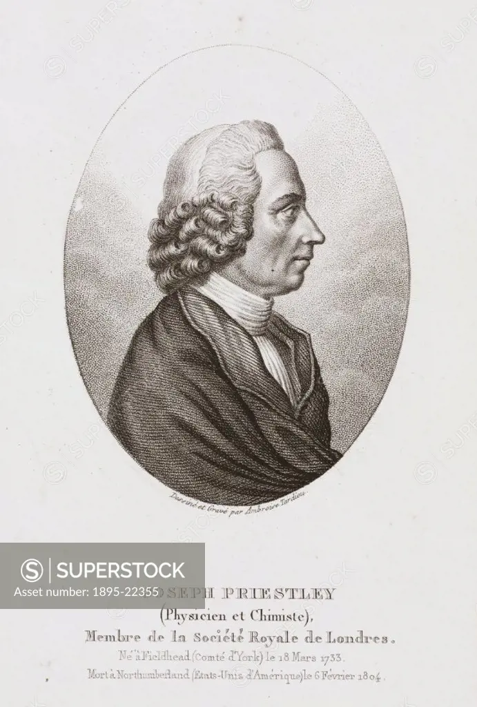 Engraving by Ambroise Tardieu after his original drawing. Joseph Priestley (1733-1804) discovered various gaseous elements and compounds, and in an ex...