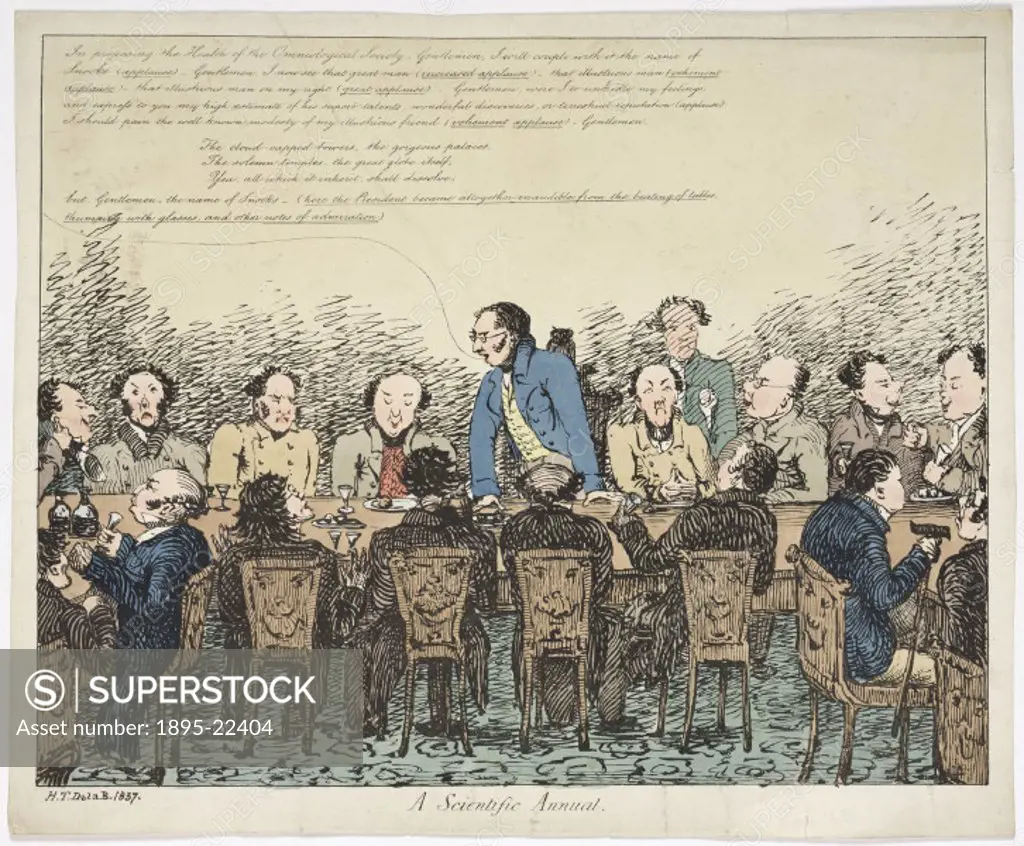 Coloured etching of a caricature by Henry Thomas De La Beche (1796-1855), showing a gentleman giving an after dinner speech at the Omniological Socie...