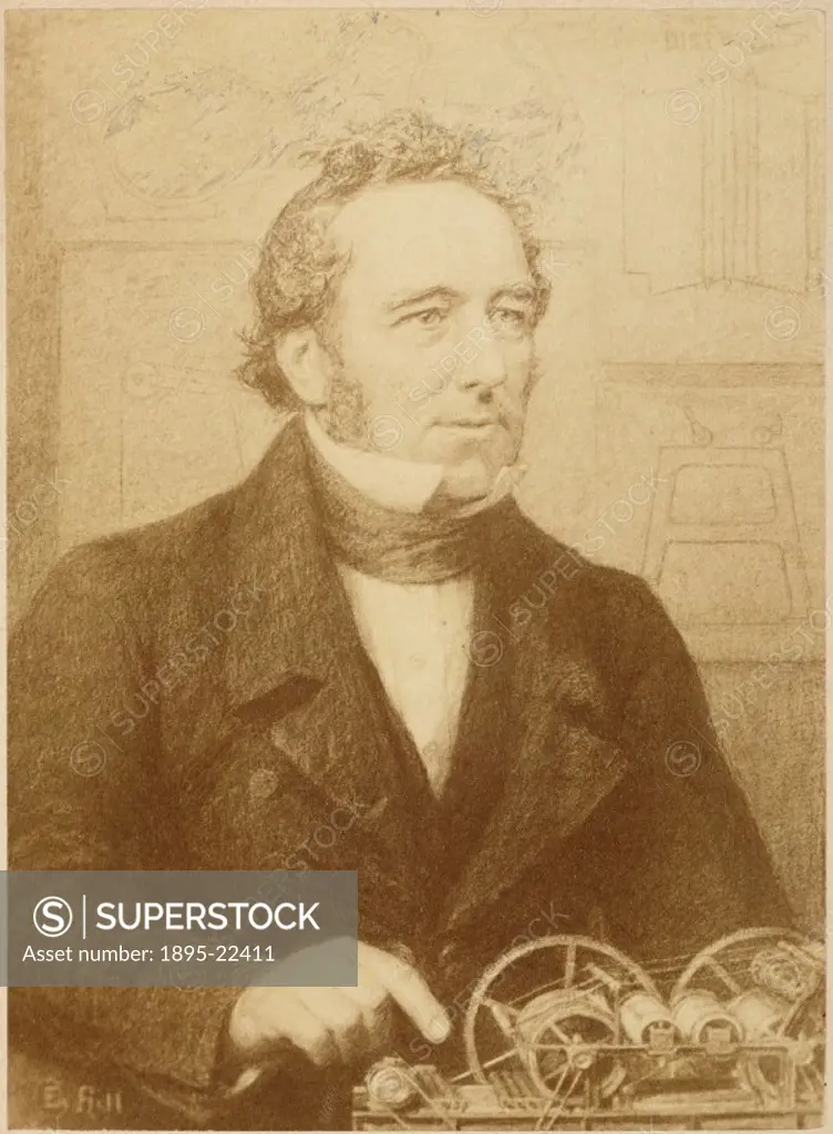Edward Cowper (1790-1852) shown with a model of his four cylinder printing press. Cowper patented a wallpaper-printing machine in 1816. Two years late...