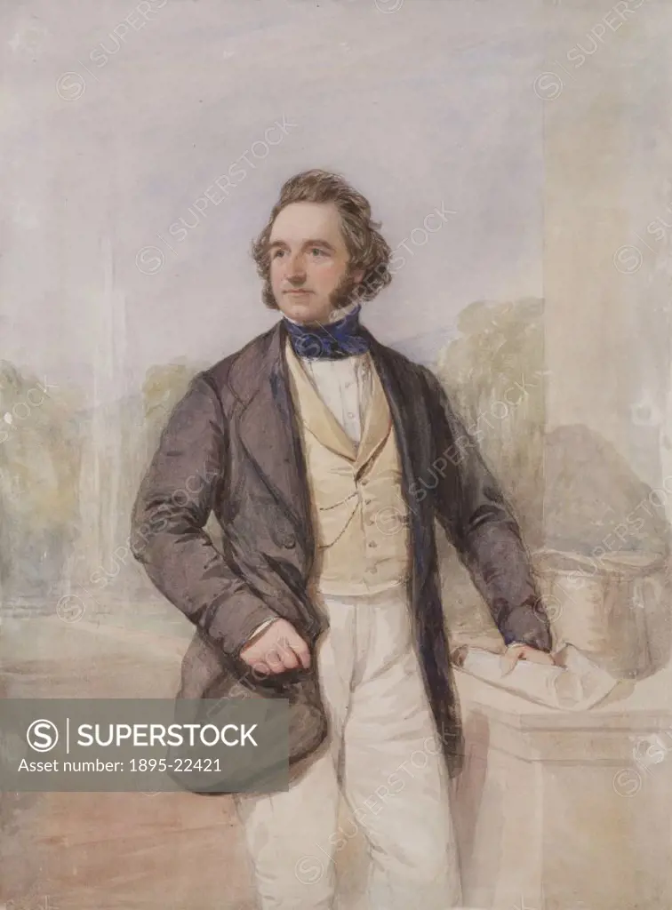 Three-quarter length watercolour portrait of Sir Joseph Paxton (1801- 1865) standing beside a desk with an architectural drawing in his left hand. Pax...