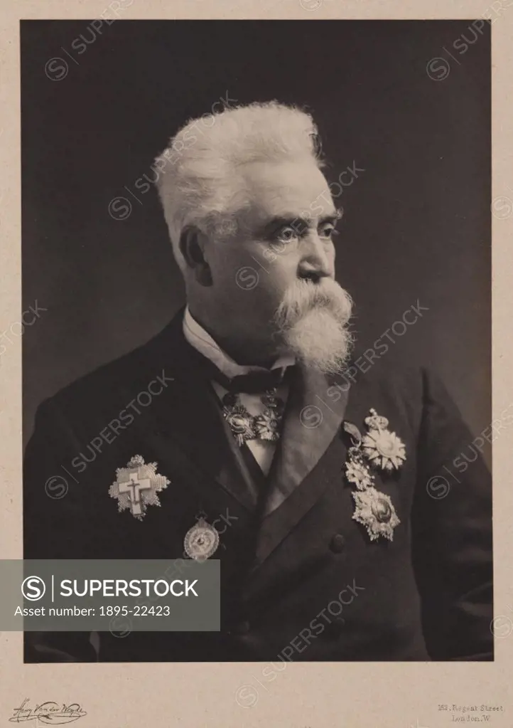 Photograph by Henry Van der Weyde, 182 Regent Street, London. Sir Hiram Stevens Maxim (1840-1916) began his career as a coachbuilder at an engineering...