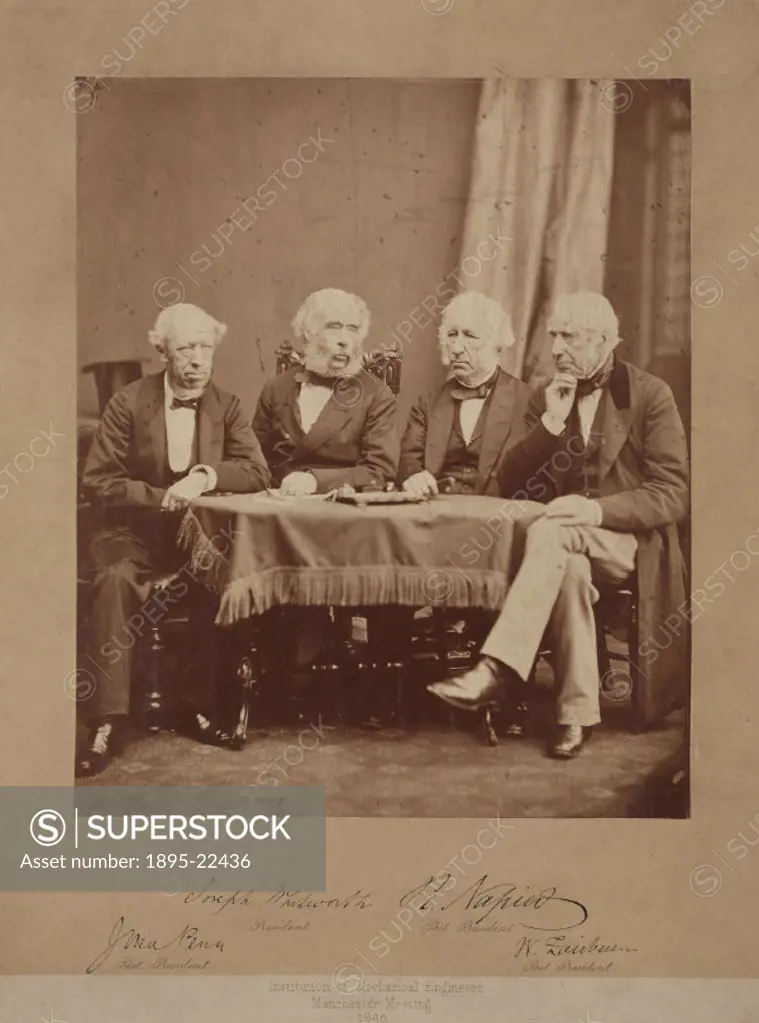 Group photograph of John Penn, Joseph Whitworth (1803-1887), Robert Napier (1791-1876) and William Fairbairn (1789-1874) taken at the Institution of M...