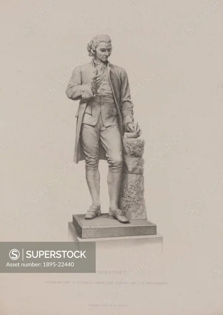 Stipple engraving by G Stodart from the statue in Birmingham by J F Williamson, 1874. Joseph Priestley (1733-1804) discovered various gaseous elements...