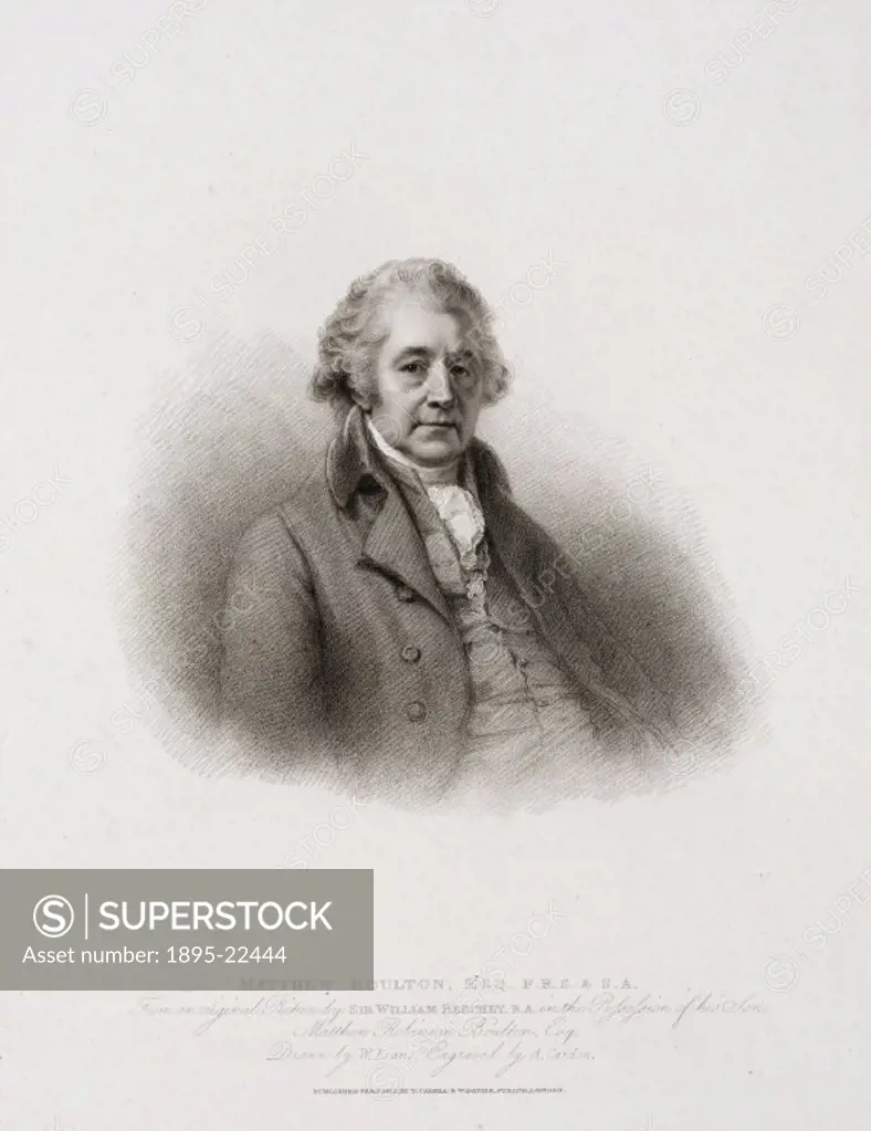Engraving by A Cardon from a drawing by W Evans after an original oil painting of 1801 by William Beechey. Works owner Matthew Boulton (1728-1809) and...