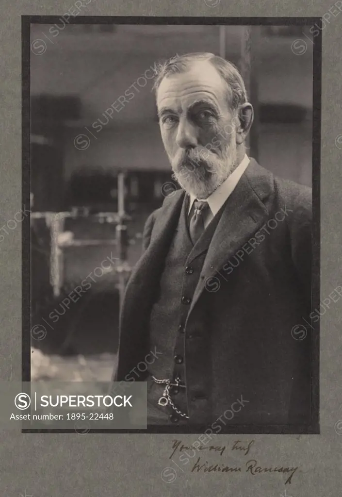 Signed photographic portrait. Sir William Ramsay (1852-1916) was professor of Chemistry in Bristol (1880-87) and at University College London (1887-19...
